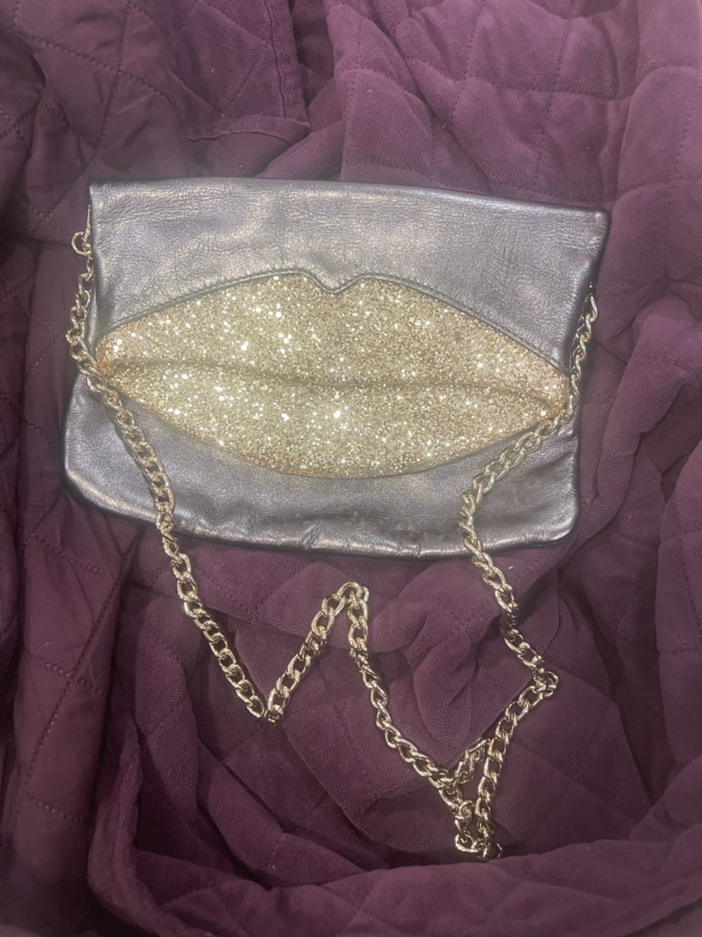 Roberto Cavalli Metallic Silver Clutch with Gold Glitter Lip Detail